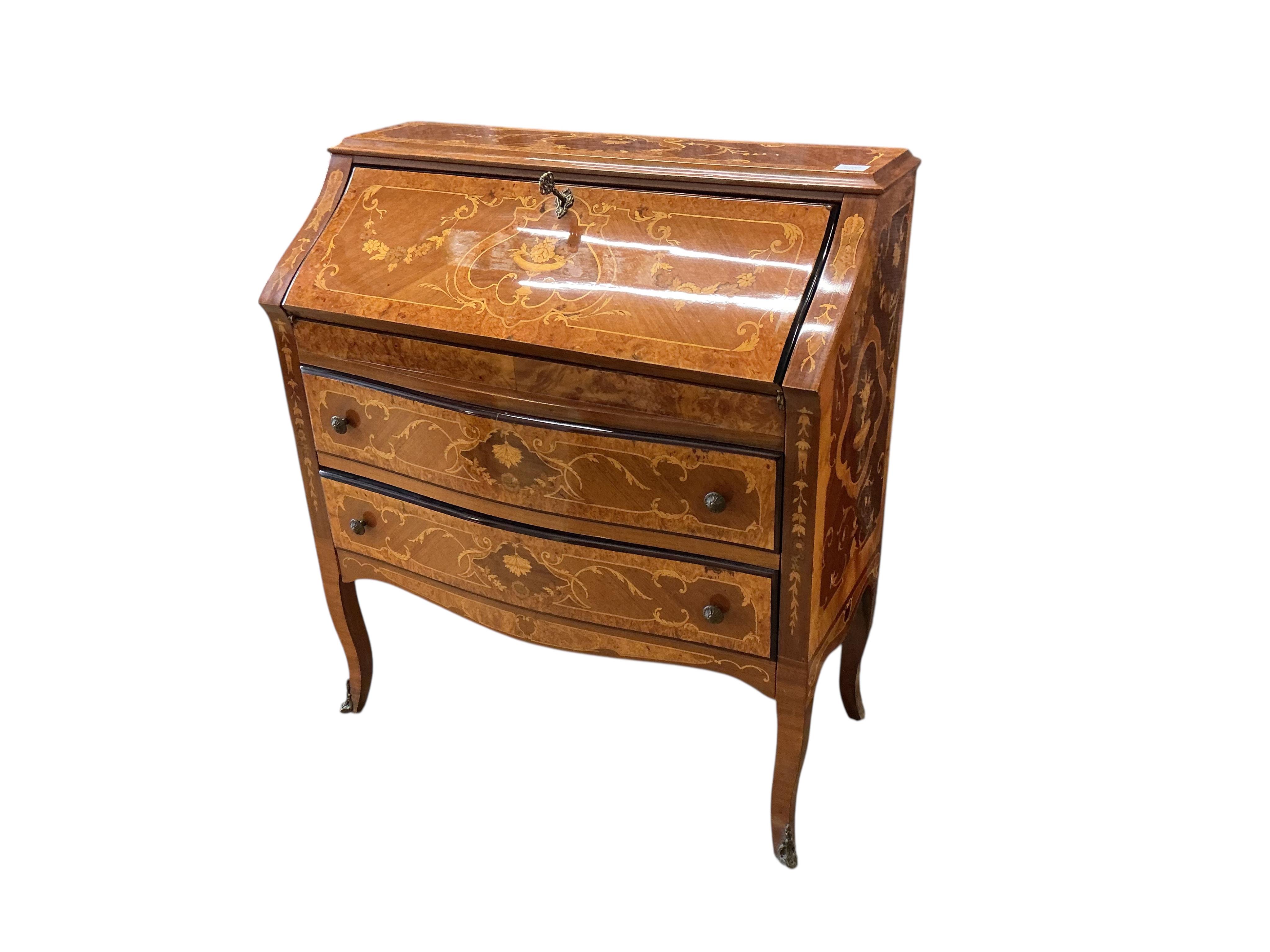 A reproduction Italian marquetry inlaid kingwood bureau, width 91cm, depth 43cm, height 101cm